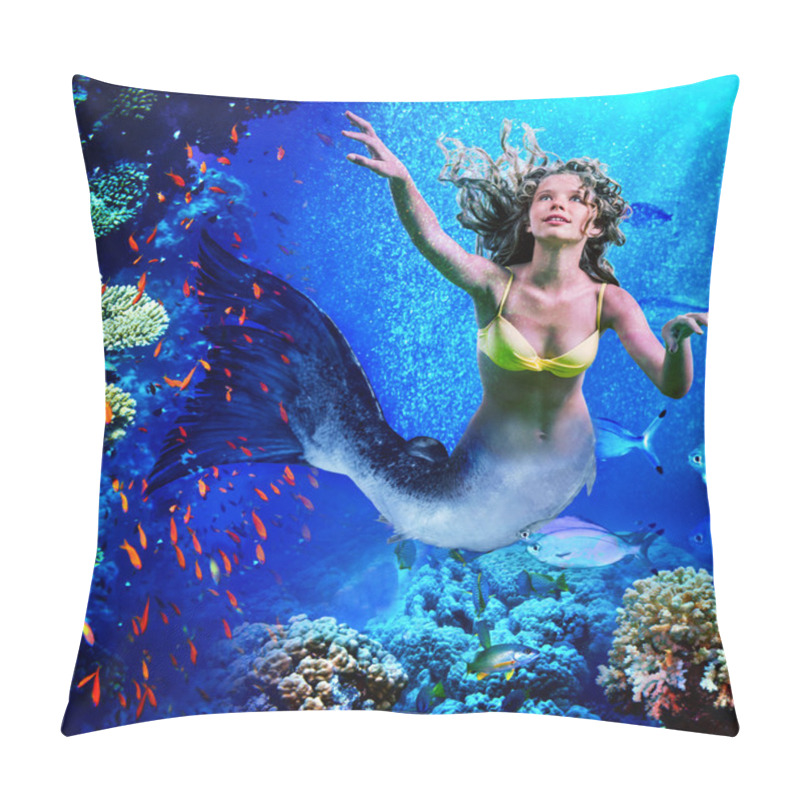 Personality  Mermaid Dive Underwater Through Coral . Pillow Covers