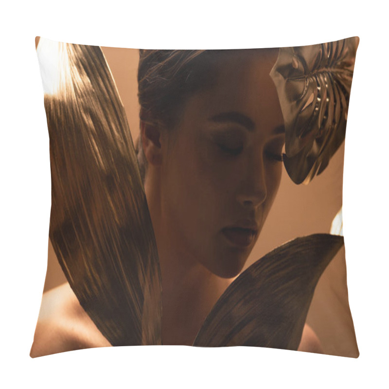 Personality  Silhouette Of Beautiful Young Naked Woman With Decorative Golden Leaves Isolated On Beige Pillow Covers