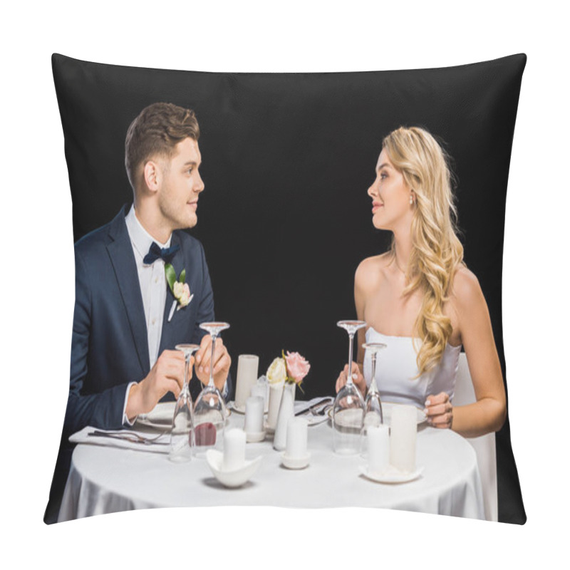 Personality  Handsome Groom And Beautiful Bride Sitting At Served Table Isolated On Black Pillow Covers