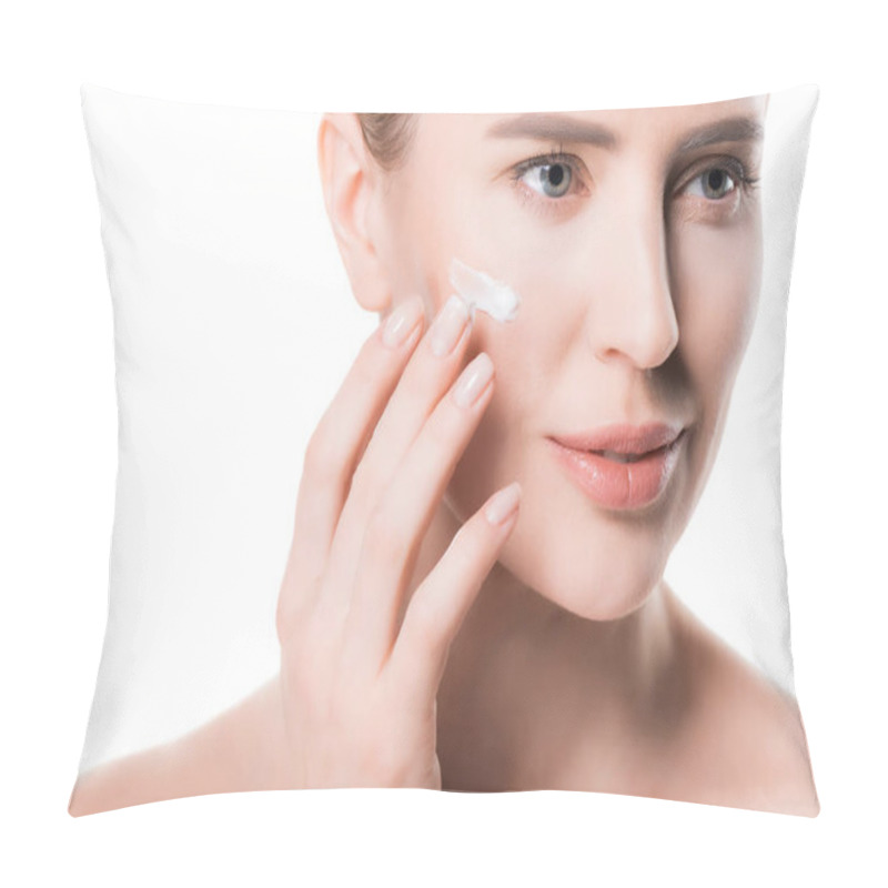 Personality  Female Applying Cream On Face Isolated On White Pillow Covers