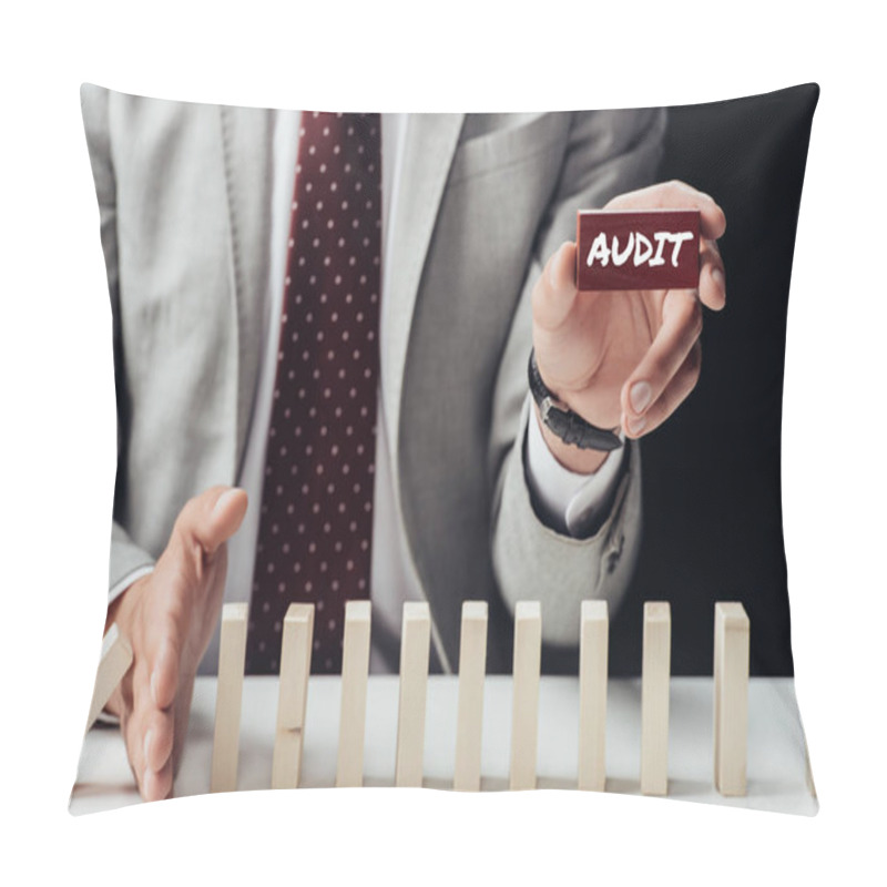 Personality  Cropped View Of Businessman Holding Brick With 'audit' Word And Preventing Wooden Blocks From Falling Pillow Covers