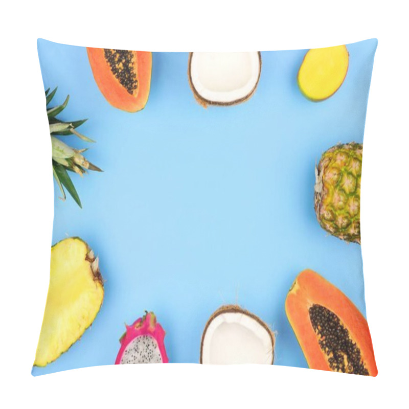 Personality  Tropical Fruit Frame With Pineapple, Dragon Fruit, Papaya, Coconut And Mango On A Pastel Blue Background Pillow Covers