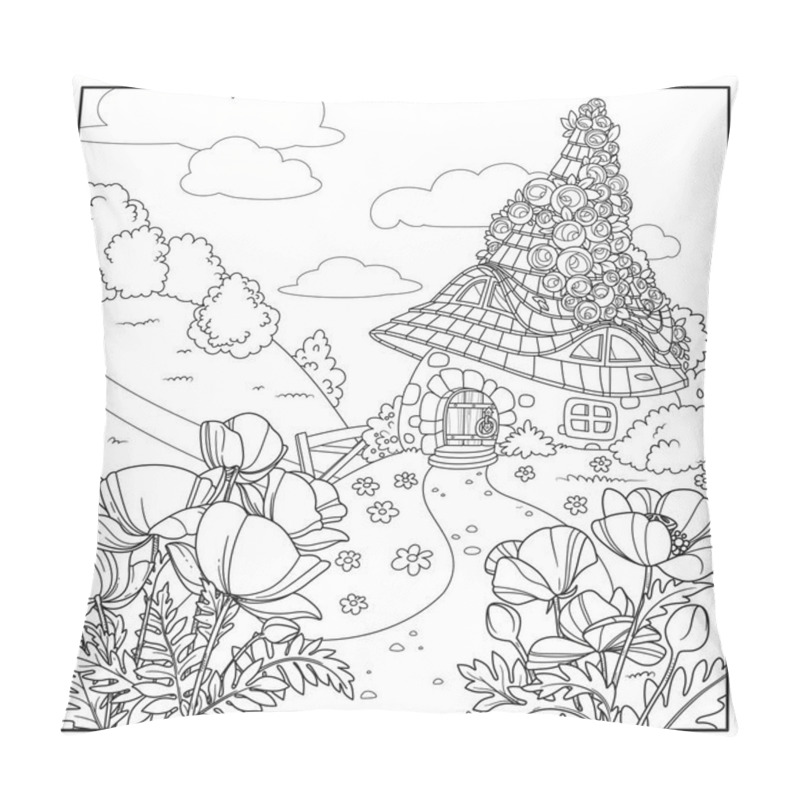 Personality  Summer Fairytale Home Twined With Roses And With Poppy Flowers In The Foreground Outlined Isolated On A White Background Pillow Covers