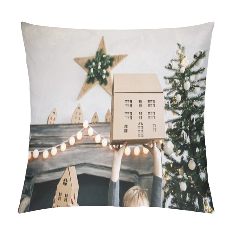 Personality  Children - A Boy And A Girl Are Sitting By The Fireplace, A New Year Tree, Playing With Cardboard Houses, A Cozy Christmas Decor And Children's Emotions Pillow Covers