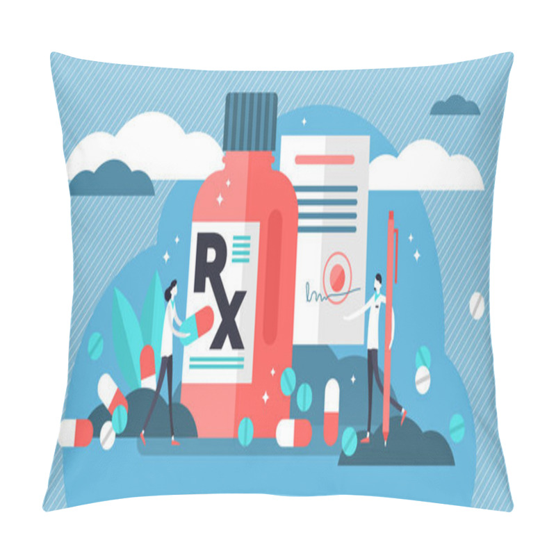 Personality  RX Medical Prescription Drug Vector Illustration. Flat Mini Persons Concept Pillow Covers