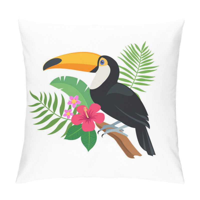 Personality  Cute Toucan Bird Sitting On A Tropical Branch With Exotic Leaves And Flowers Of Hibiscus And Plumeria. Bright Colorful Vector Illustration In Cartoon Style Pillow Covers