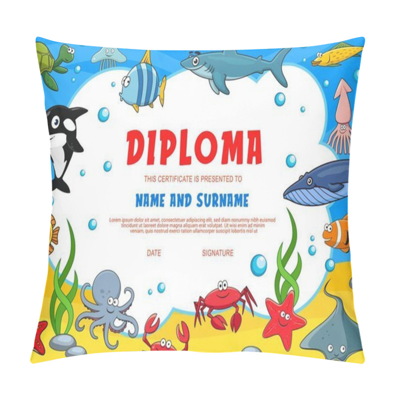 Personality  Kids Diploma With Underwater Animals. Kindergarten Vector Certificate With Cute Cartoon Octopus, Starfish, Squid Or Crab, White Killer Or Shark. Angel Fish, Turtle And Jelly Fish, Baby Diploma Template Pillow Covers