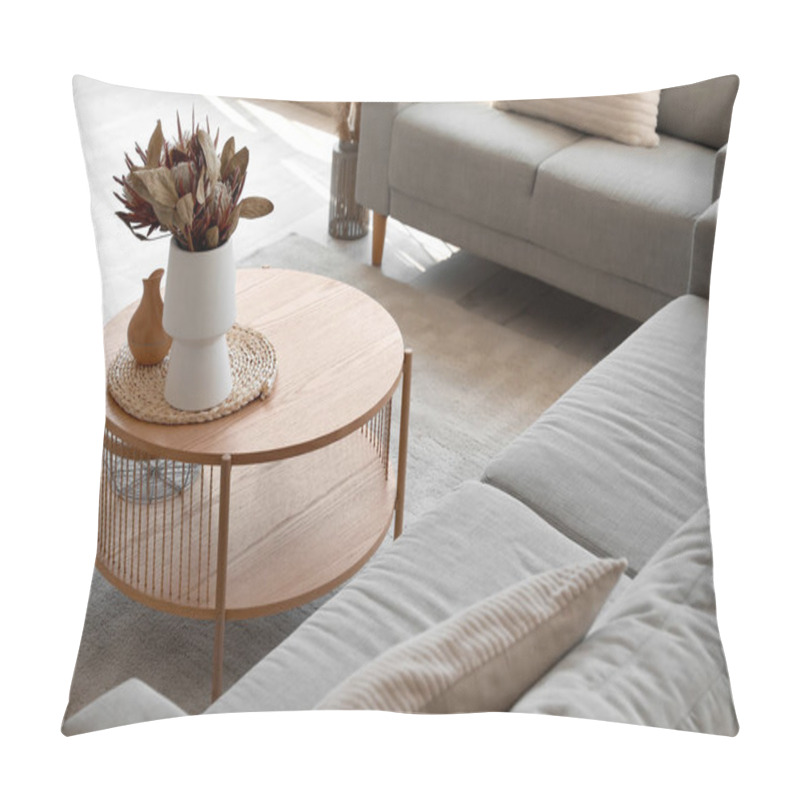 Personality  Cozy Grey Sofas And Coffee Table With Bouquet Of Dried Protea Flowers In Living Room Pillow Covers