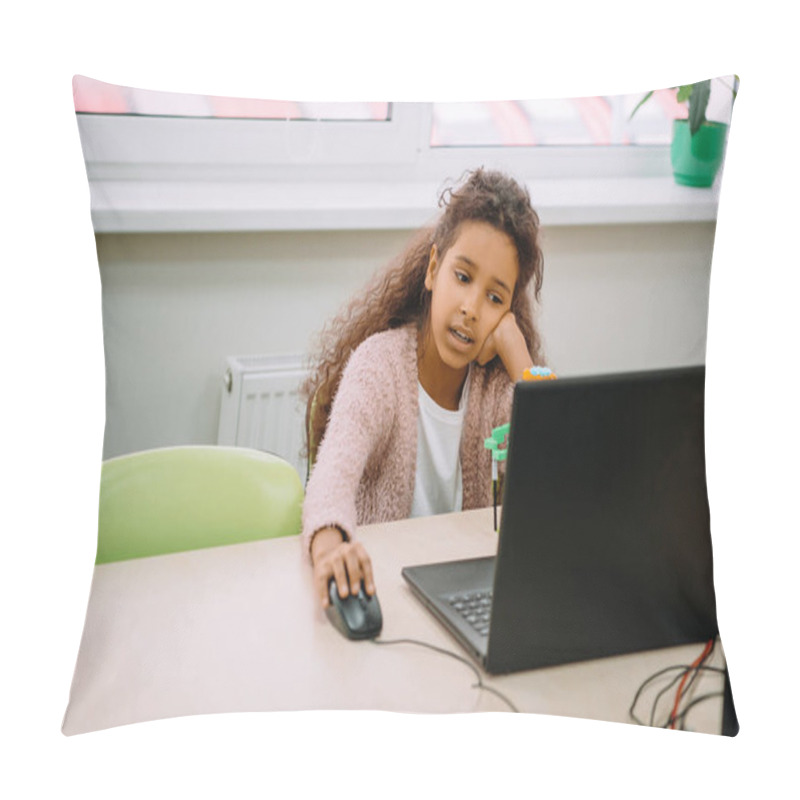 Personality  Bored African American Schoolgirl Working With Computer At School Pillow Covers