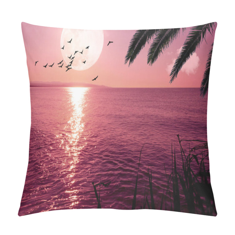 Personality  Fantasy Landscape With Super Moon And Flying Birds On The Coast At Sunset Pillow Covers