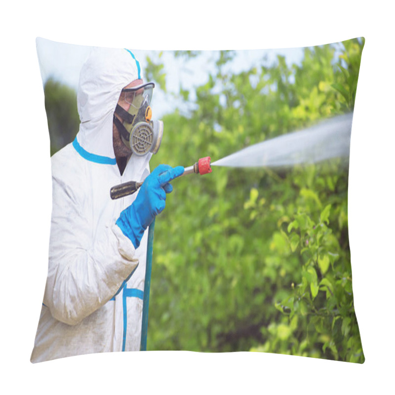 Personality  Spray Ecological Pesticide. Farmer Fumigate In Protective Suit And Mask Lemon Trees. Man Spraying Toxic Pesticides, Pesticide, Insecticides Pillow Covers