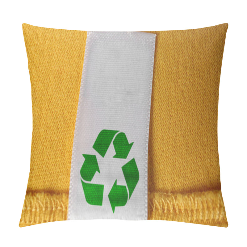 Personality  Clothing Label With Recycling Symbol On Yellow Sweater, Closeup View Pillow Covers