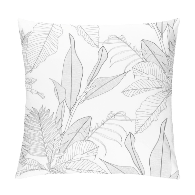 Personality  Tropical Exotic Floral Line Black White Palm Leaves And Flowers Seamless Pattern, Line Background. Exotic Jungle Wallpaper. Pillow Covers