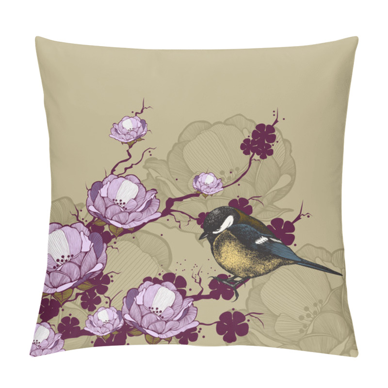 Personality  Background With Flowering Branch And Bird Titmouse, Hand-drawing Pillow Covers