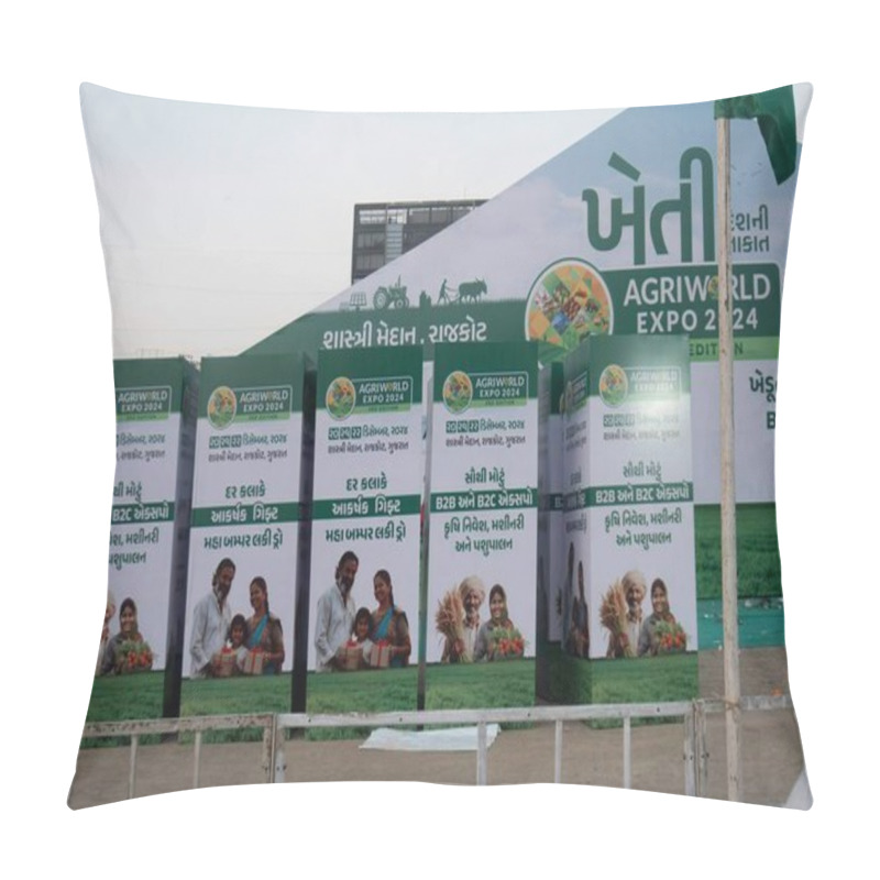 Personality  Preparation Of Agri World Expo 2024 Square Box Center View. Rajkot, Gujarat, India. 19th December, 2024. Pillow Covers