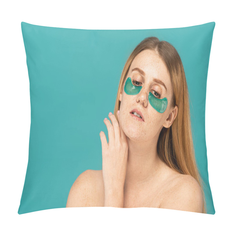 Personality  Redhead Woman With Freckles And Blue Patches Under Eyes Posing Isolated On Turquoise  Pillow Covers