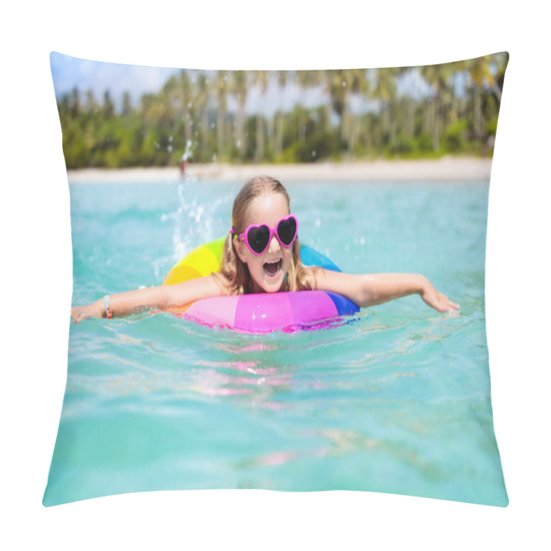 Personality  Child With Inflatable Ring On Beautiful Beach. Little Girl Swimming In Exotic Sea. Ocean Vacation With Kid. Children Play On Summer Beach. Water Fun. Kids Swim. Family Holiday On Tropical Island. Pillow Covers