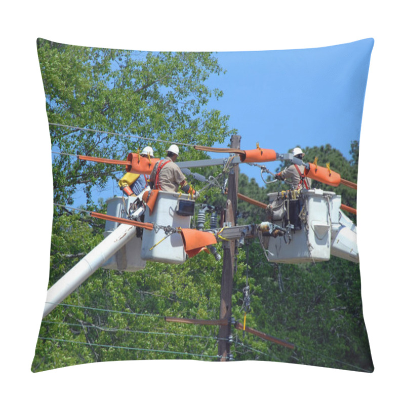 Personality  Three Buckets Trucks Lift Linemen To Top Of Electricity Pole. Three Repairmen Combine Knowledge And Repair Power Outage.   Pillow Covers