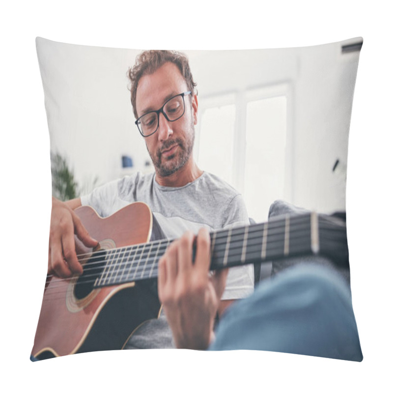 Personality  Man Playing Acoustic Guitar In The Living Room. Pillow Covers