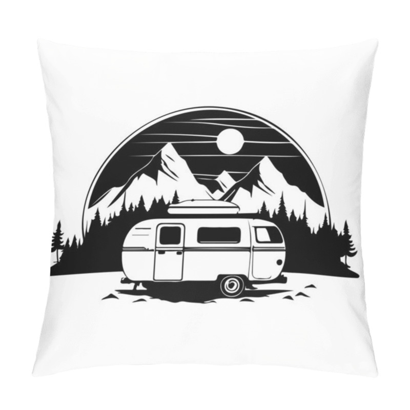 Personality  Camper Camp Camping Site With Mountains And Tree, Camping In The Woods, Campsite With Trailer Landscape In Retro Style Pillow Covers