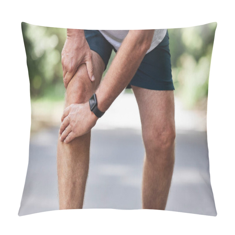 Personality  Closeup Shot Of An Unrecognisable Man Experiencing Knee Pain While Exercising Outdoors. Pillow Covers