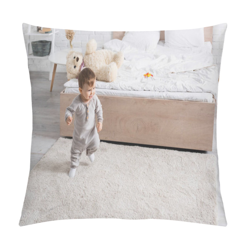 Personality  Happy Baby Boy In Grey Romper Walking On Carpet Near Soft Toy On Bed  Pillow Covers