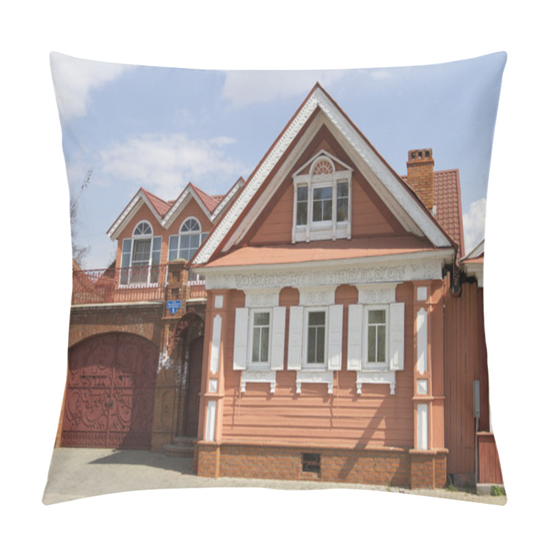 Personality  GORODETS, RUSSIA - MAY 01: Small Wooden House With Carved Patterns On May 1, 2014 In Gorodets. Pillow Covers