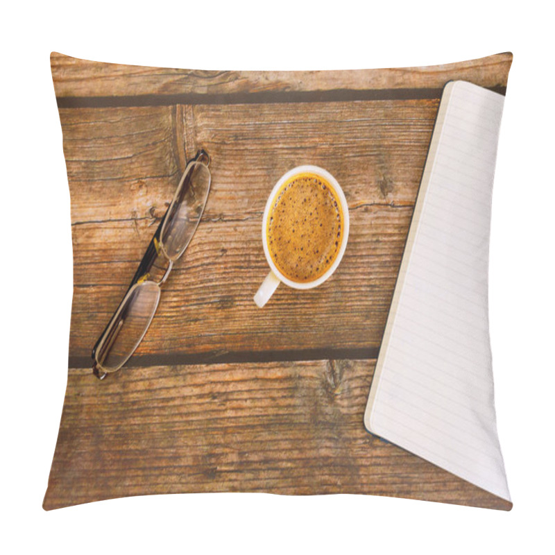 Personality  Against Wooden Background, An Open Notebook Planner Sits Next Coffee Espresso. Pillow Covers