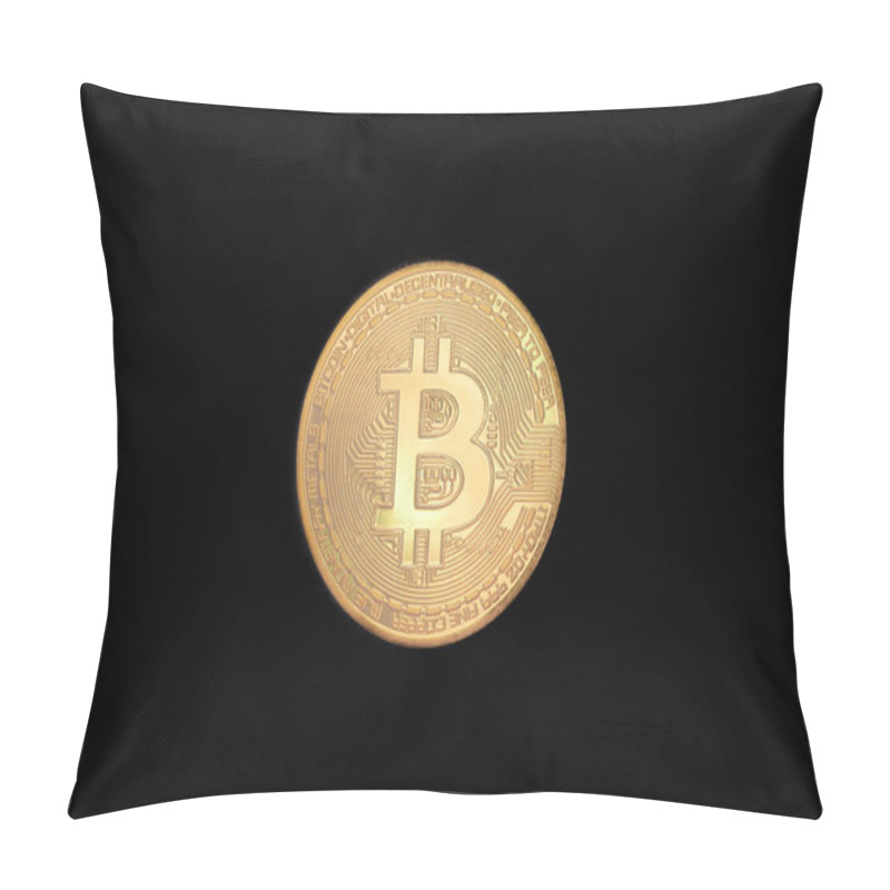 Personality  Golden Bitcoin Coin Isolated On A Black Background, Symbolizing Digital Currency And Blockchain Technology. Interesting For Financial Markets And Cryptocurrency Investors. Front View. Pillow Covers