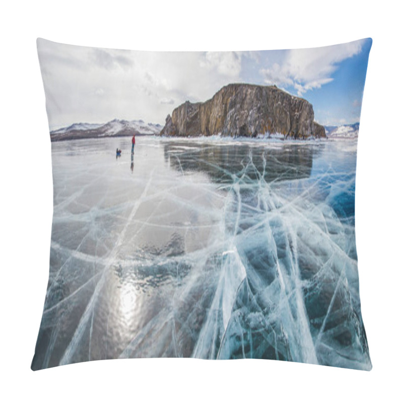 Personality  Male Hiker With Backpack Standing On Ice Water Surface Against Rock Formation On Shore ,russia, Lake Baikal  Pillow Covers