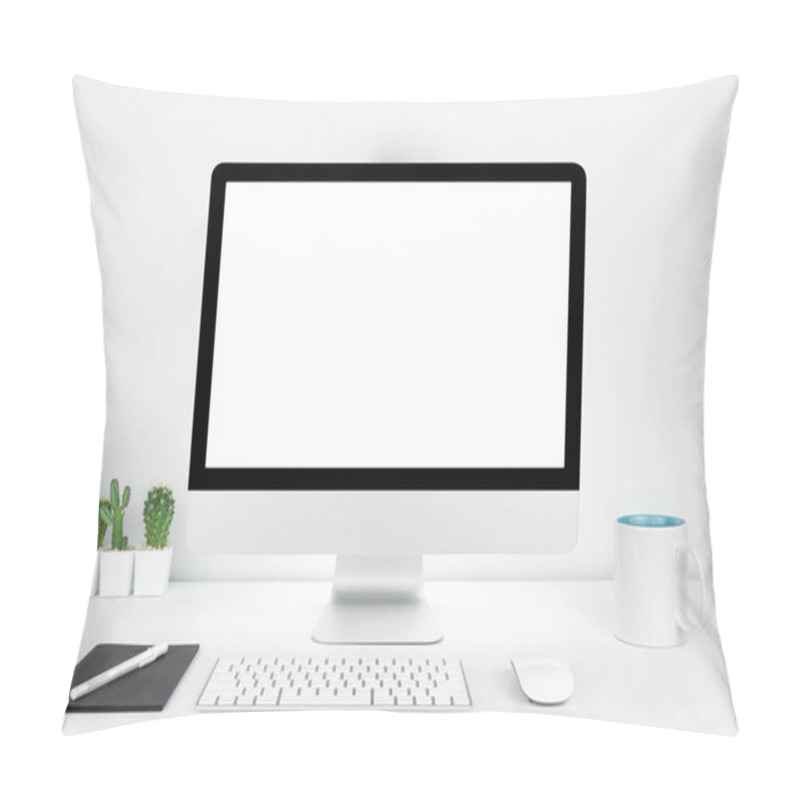 Personality  Computer With Blank White Copy Space For Text, Mockup Design Desktop Computer In Office On White Table With Keyboard And Coffee Cub, Work Place Concept, Cactus In Pot. Pillow Covers