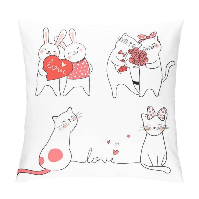 Personality  Collection Of Drawn Cats And Rabbits In Love Isolated On White Background, Romantic Concept  Pillow Covers