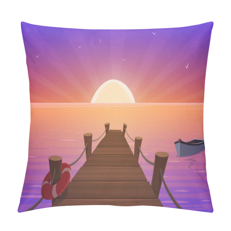 Personality  Cartoon Illustration Of The Wooden Pier With Ropes, Life-buoy And Boat In The Ocean At Sunset Time. Pillow Covers