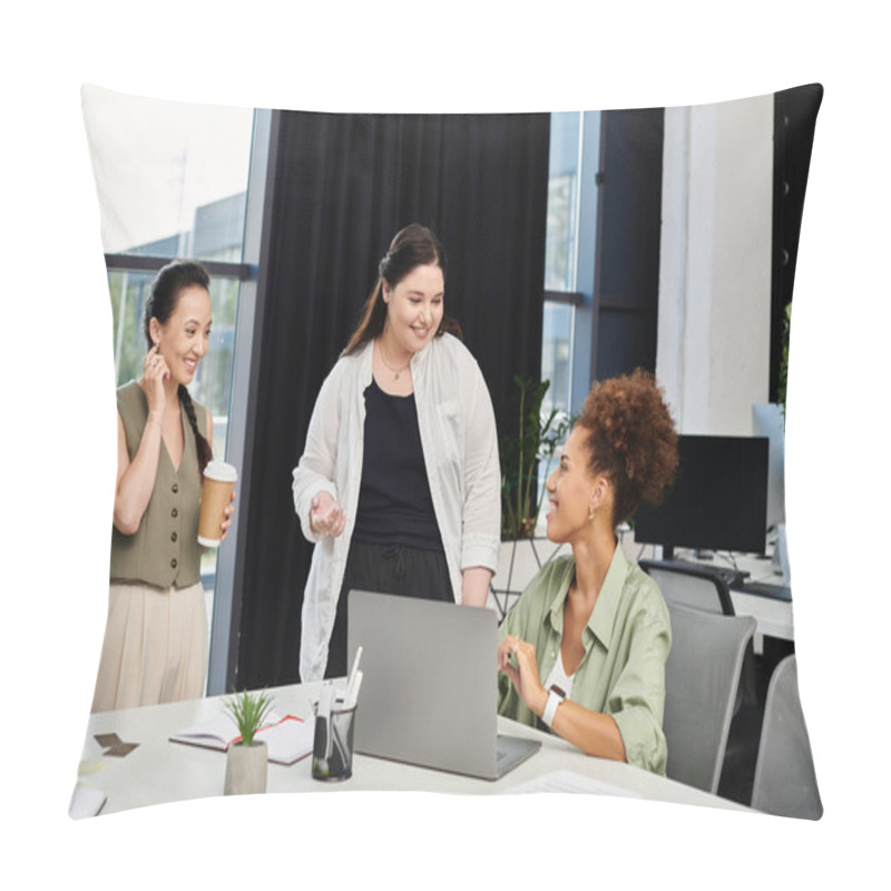 Personality  Three Professional Women Engage In An Inspiring Discussion While Working In The Office. Pillow Covers