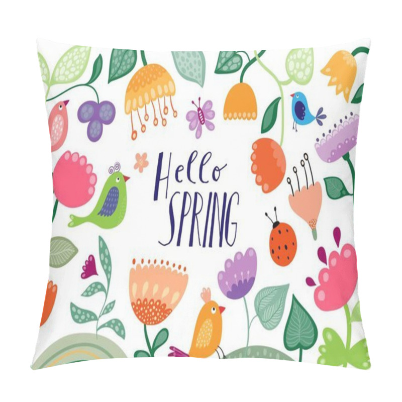 Personality  Hello Spring Banner, Poster, Background With Seasonal Design, Floral Elements, Flowers And Birds, Decorative Doodle Style Pillow Covers