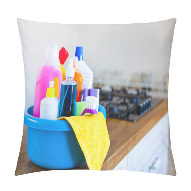 Personality  Basket With Cleaning Items On Blurry Background White Citchen. C Pillow Covers