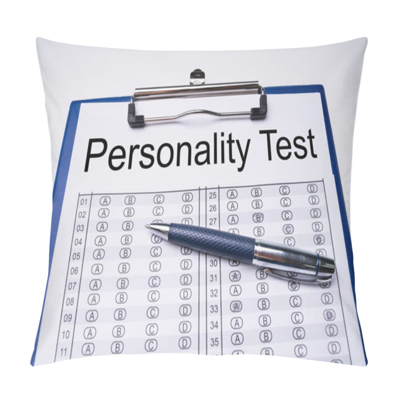 Personality  High Angle View Of Personality Test Sheet And Pen On Clipboard Over White Table Pillow Covers