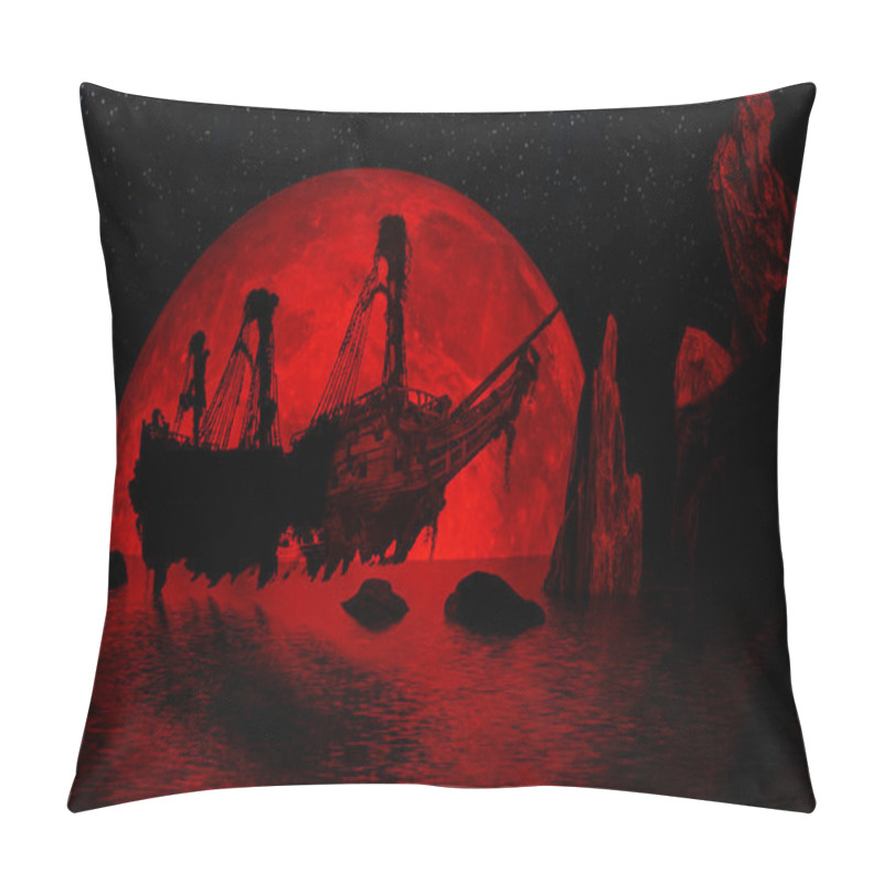 Personality  Ghost Sailboat Emerging From The Sea At The Red Moon By Nighttime - 3d Rendering Pillow Covers