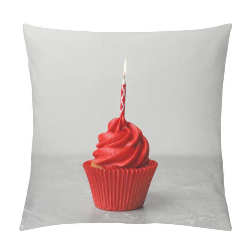 Personality  Delicious Birthday Cupcake With Cream And Burning Candle On Marble Table Pillow Covers