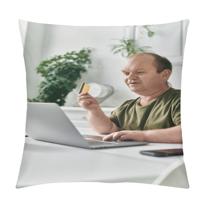 Personality  A Man With Inclusivity Sits At A Table With A Laptop And A Credit Card In Hand. Pillow Covers