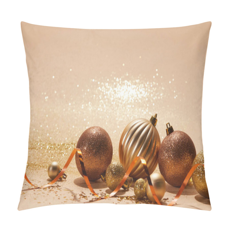 Personality  Glittering Bright Christmas Balls And Wavy Ribbon On Beige Tabletop Pillow Covers