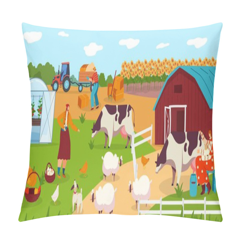 Personality  People Work On Farm, Animals Cartoon Characters, Woman Milking Cow, Field Harvest Vector Illustration Pillow Covers