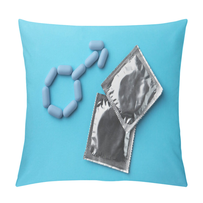 Personality  Male Sign Made Of Pills And Condoms On Light Blue Background, Flat Lay. Potency Problem Pillow Covers