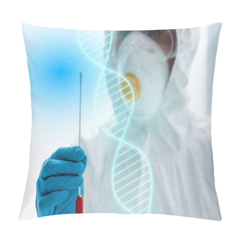 Personality  Selective Focus Of Scientist Doing Dna Test And Standing Near Illustration  Pillow Covers