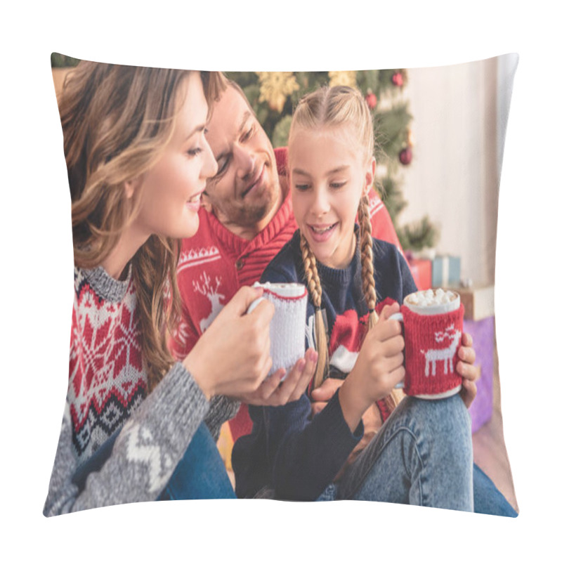 Personality  Happy Parents And Daughter Sitting With Christmas Cups Of Cappuccino At Home Pillow Covers