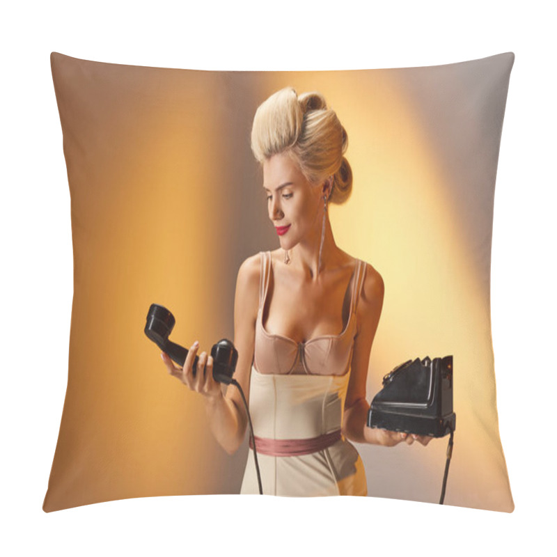 Personality  Surprised Pretty Young Girl In Corset Outfit Looking Retro Phone Against Gray Background Pillow Covers