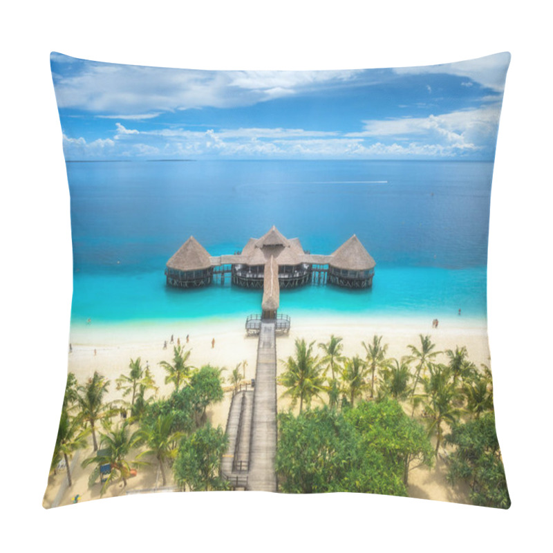 Personality  Aerial View Of Bungalow, White Sandy Beach, Ocean On Summer Sunny Day. Restaurant On The Sea. Top Drone View Of Wooden Hotel, Azure Water, Palms, Sky With Slouds. Luxury Resort In Kendwa, Zanzibar Pillow Covers