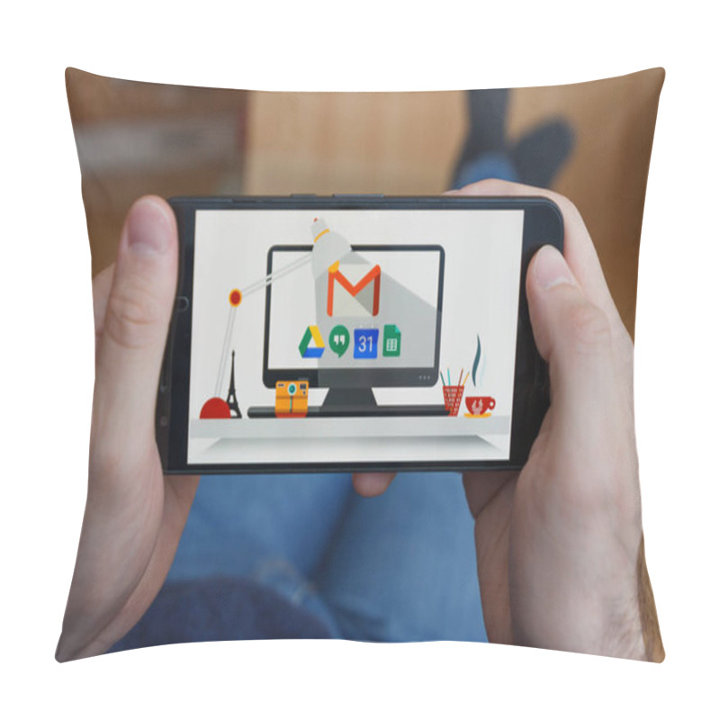 Personality  LOS ANGELES, CALIFORNIA - JUNE 3, 2019: Close Up To Male Hands Holding Smartphone Using G Suite Application. An Illustrative Editorial Image Pillow Covers