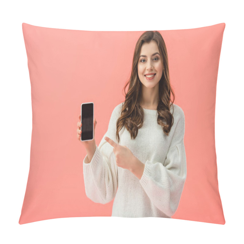 Personality  Woman In White Sweater Pointing With Finger At Smartphone With Blank Screen Isolated On Pink  Pillow Covers