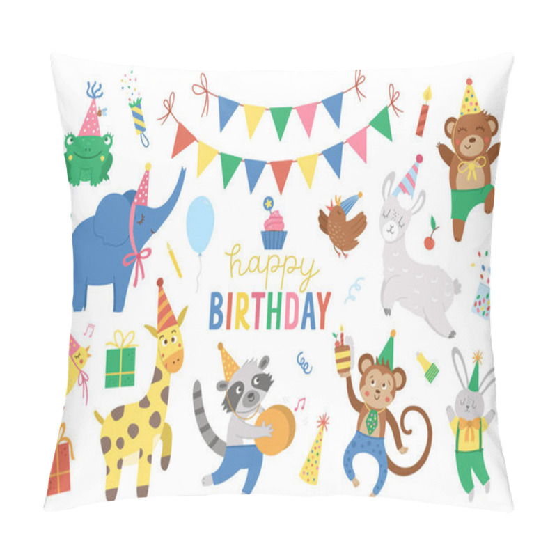 Personality  Set Of Cute Cheerful Animals In Party Hats. Birthday Party Celebration Clipart Collection. Vector Holiday Pack With Bright Present, Cake With Candles, Balloon, Flags. Happy Anniversary Design Element Pillow Covers